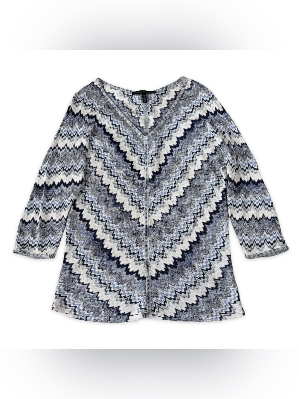 White House Black Market Knit Top Womens M Medium Blue‎ White 3/4 Sleeve V Neck